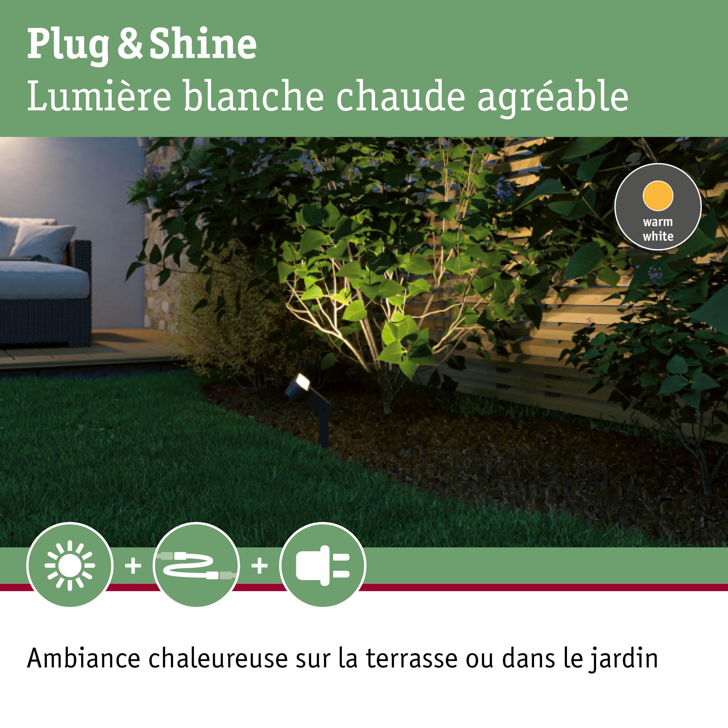 Éclairage de jardin LED Plug & Shine blanc chaud éclairant des buissons près de la terrasse