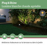 Éclairage de jardin LED Plug & Shine blanc chaud éclairant des buissons près de la terrasse
