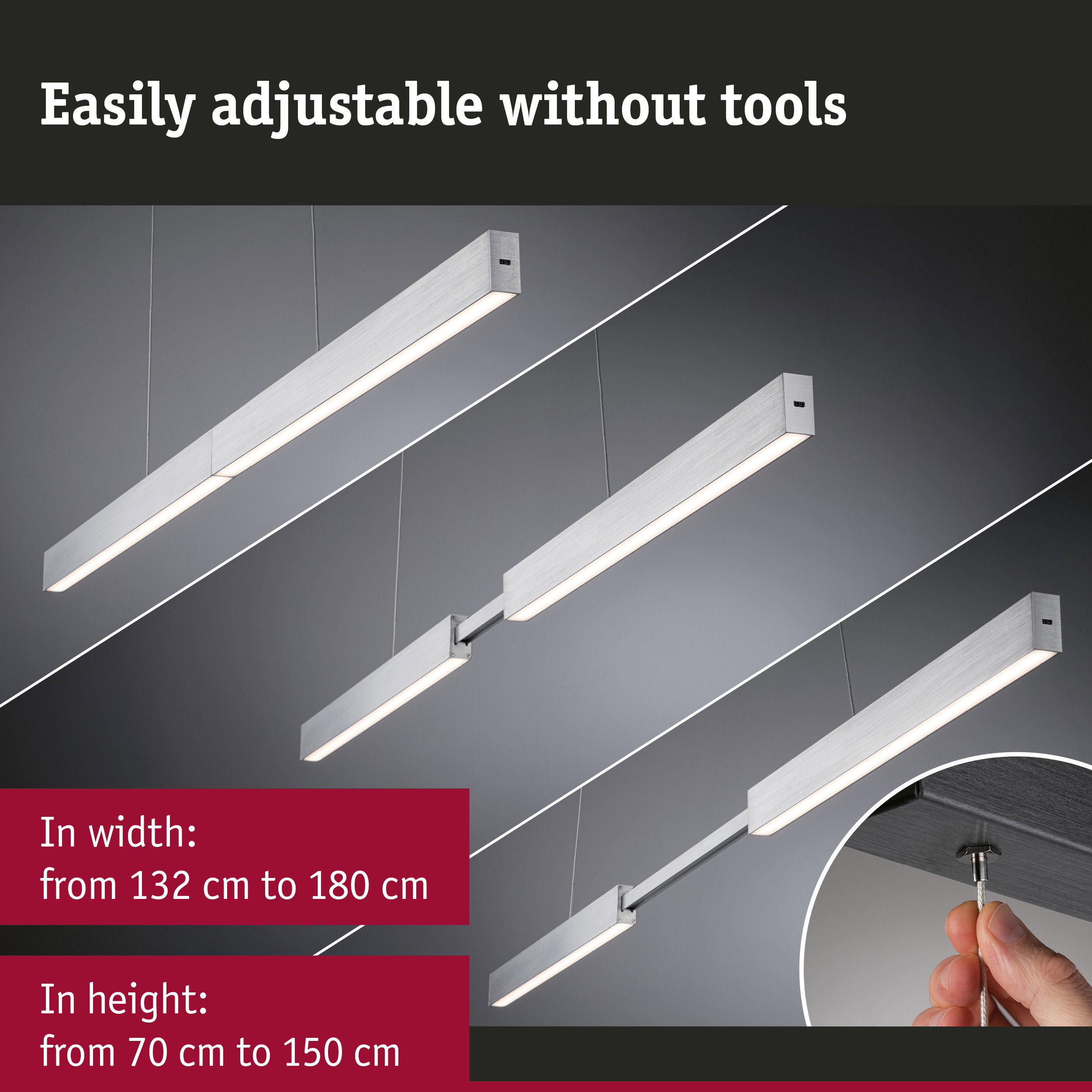 Adjustable silver brushed aluminium LED pendant light, dimmable without tools for modern interiors
