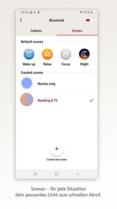 Smartphone app displaying Bluetooth light control with scenes like Relax, Focus, and Night for smart lighting.