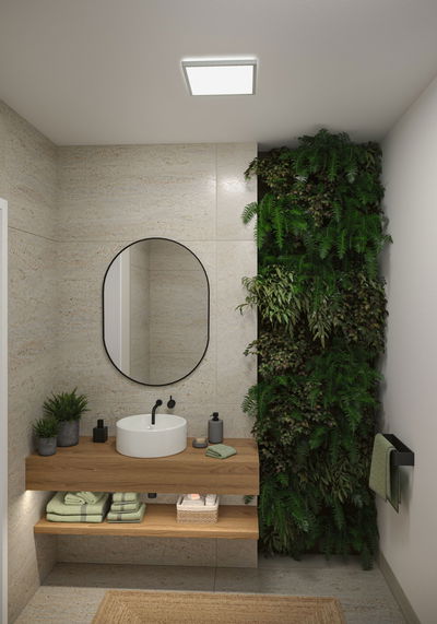 Modernes Badezimmer mit Holzwaschtisch, rundem Spiegel und grüner Pflanzenwand für natürliche Atmosphäre