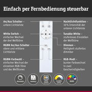 Weiße Fernbedienung mit Tasten für dimmbares Licht, Weißtöne, RGBW-Farbwahl und Nachtlichtfunktion