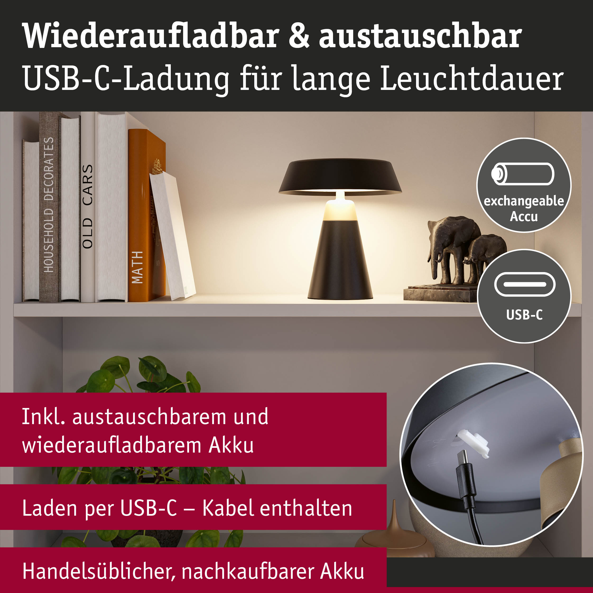 Schwarze Tischlampe mit austauschbarem Akku und USB-C-Ladekabel auf Regal mit Büchern und Deko