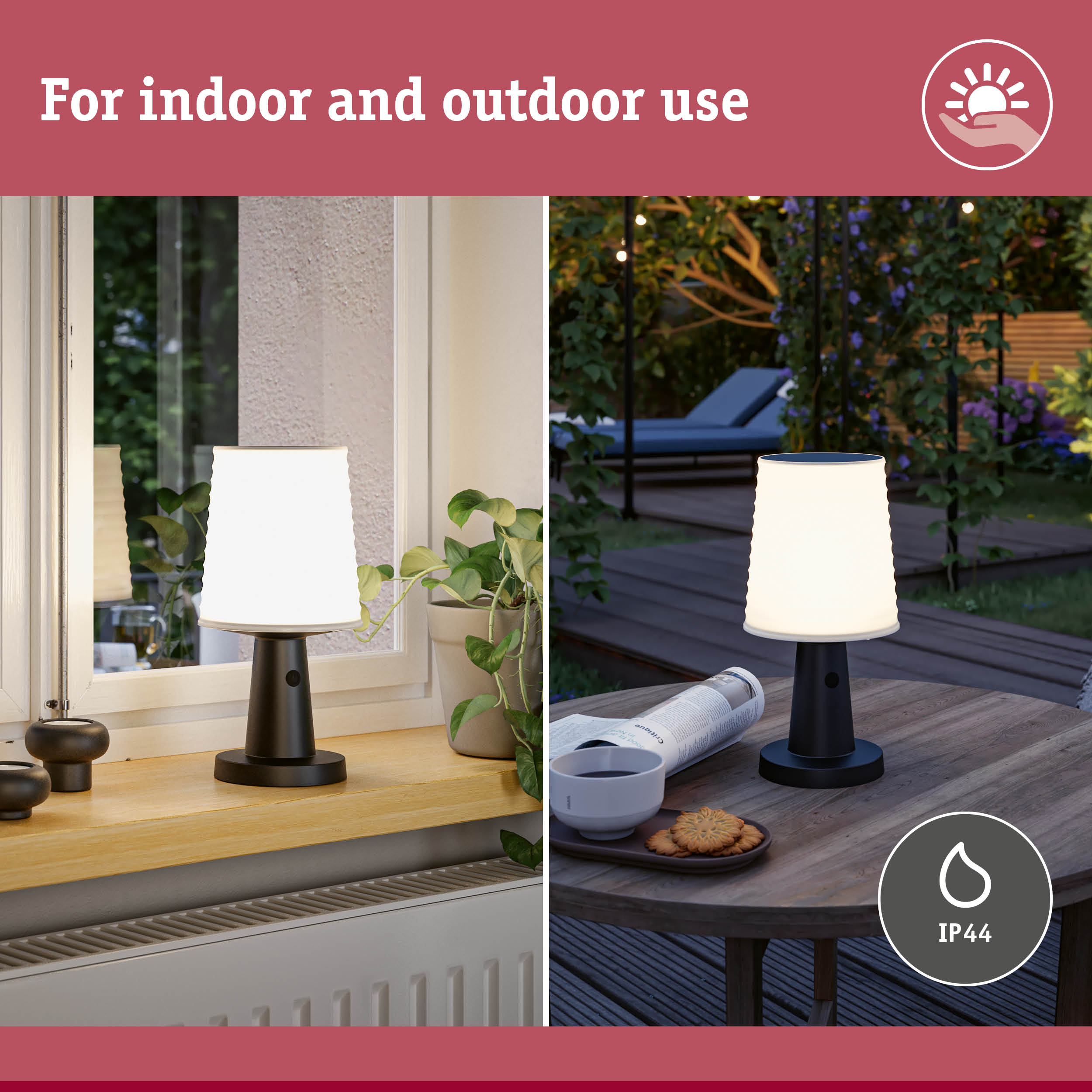 Black table lamp with white fabric shade for indoor and outdoor use, weatherproof with IP44 rating