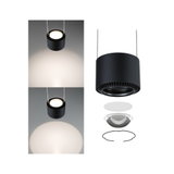 Black metal LED pendant light with adjustable beam options and exploded view of components