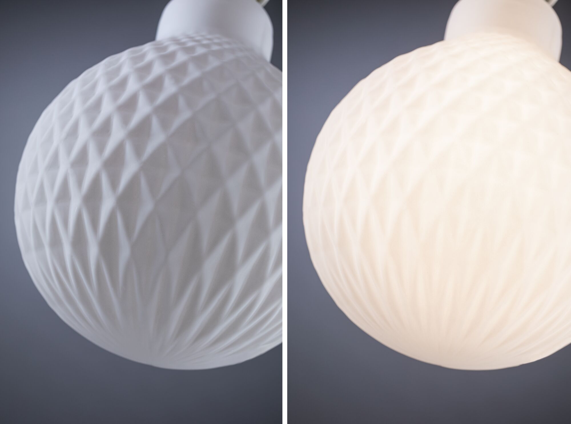 White textured glass lampshade with pattern, shown lit and unlit, modern indoor lighting fixture