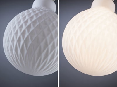 White textured glass lampshade with pattern, shown lit and unlit, modern indoor lighting fixture
