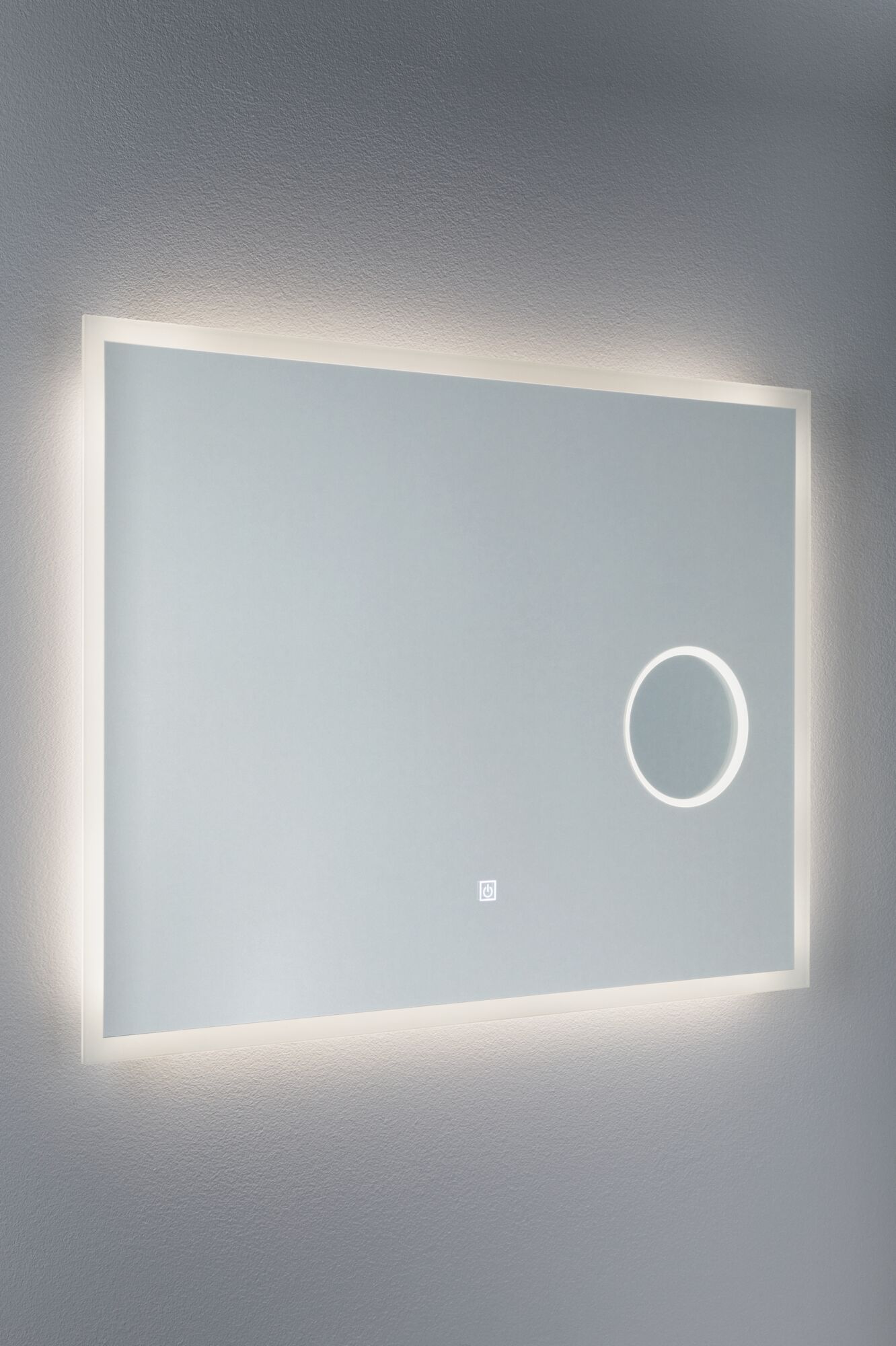 Rectangular LED mirror with white frame and illuminated magnifying circle for modern bathroom lighting.