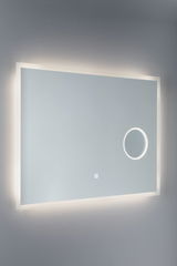 Rectangular LED mirror with white frame and illuminated magnifying circle for modern bathroom lighting.