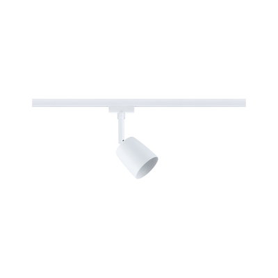 Moderner weißer LED-Strahler aus Metall an Schienensystem für flexible Raumbeleuchtung