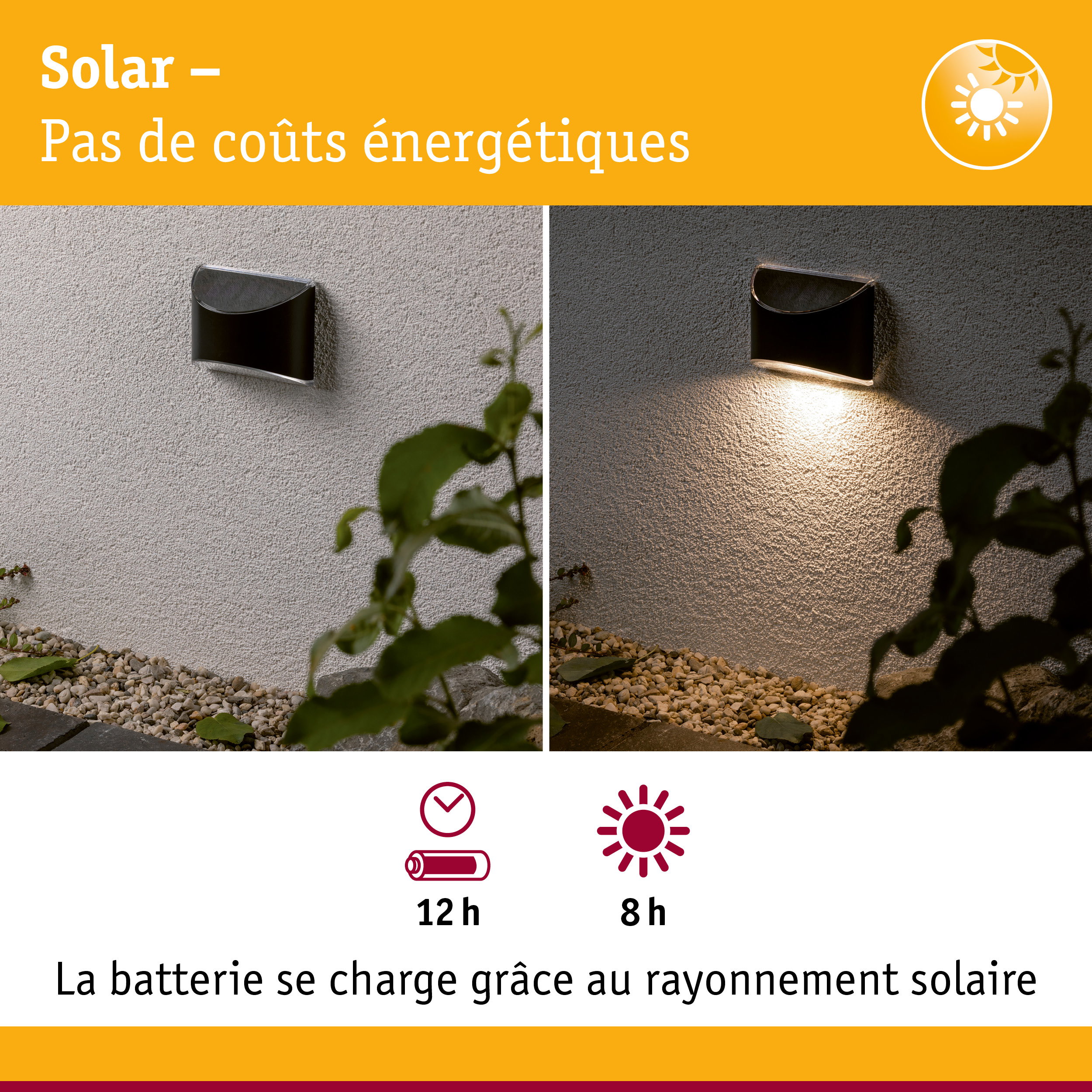 Applique murale solaire noire en métal sur mur gris, vue de jour et de nuit avec éclairage LED