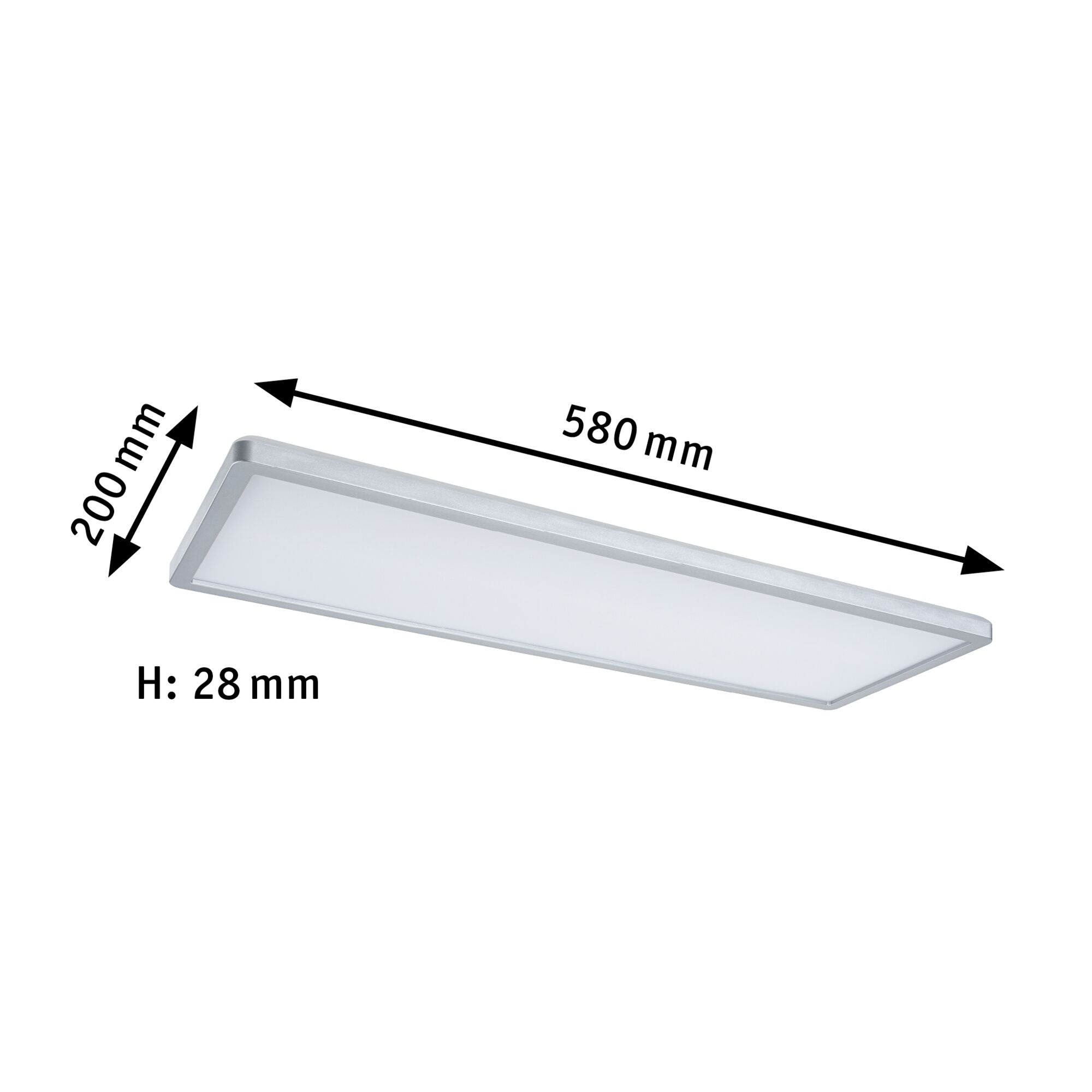 Rectangular silver aluminum LED ceiling panel measuring 580x200x28 mm for modern lighting solutions