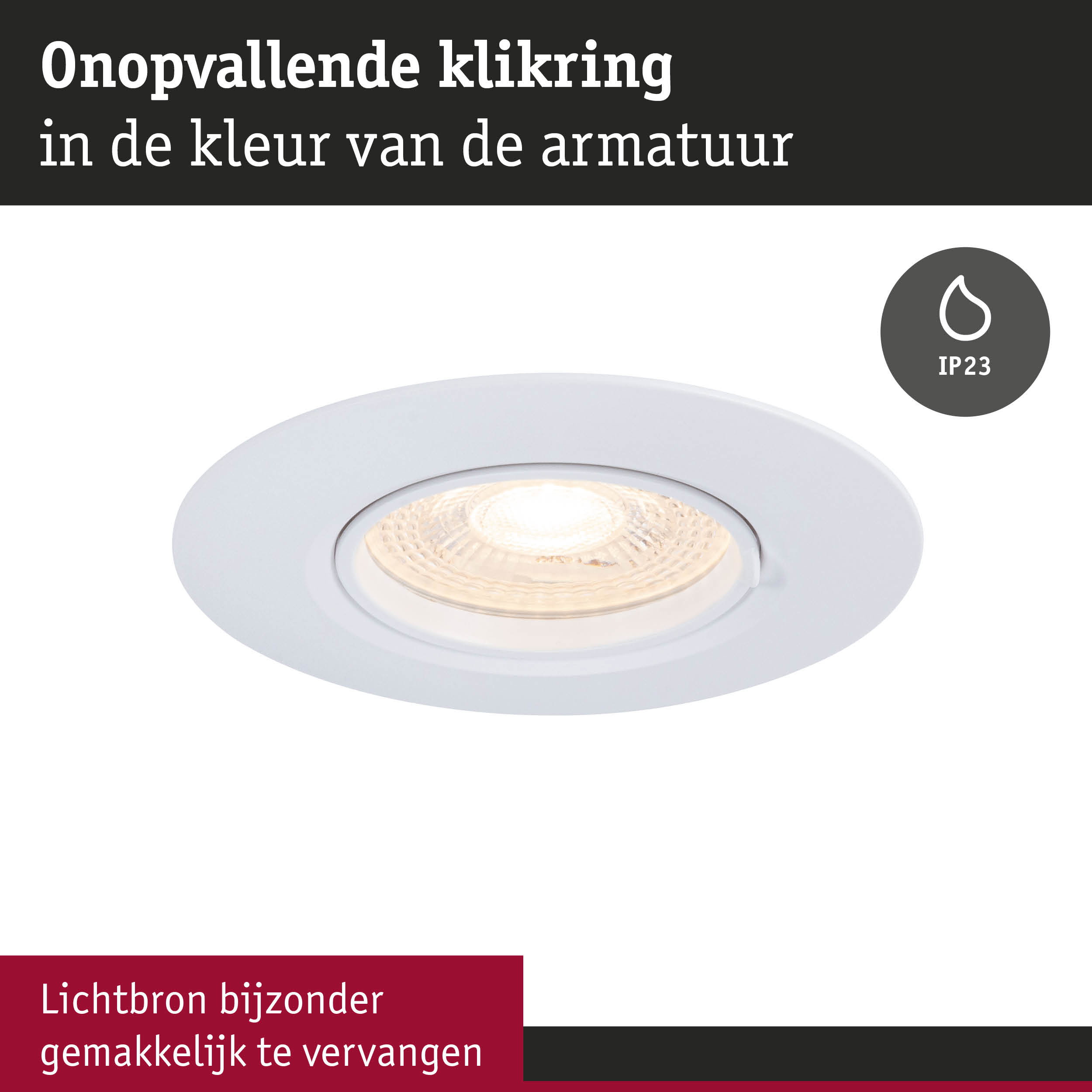 Witte inbouwspot met IP23-bescherming, lichtbron eenvoudig te vervangen, onopvallende klikring