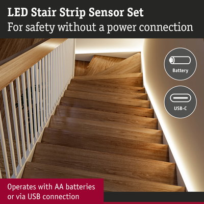 LED stair strip sensor set with battery-powered lighting for safe wooden stairs without power connection