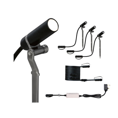 Black LED garden spotlight set with ground spikes, cable and power supply for outdoor lighting