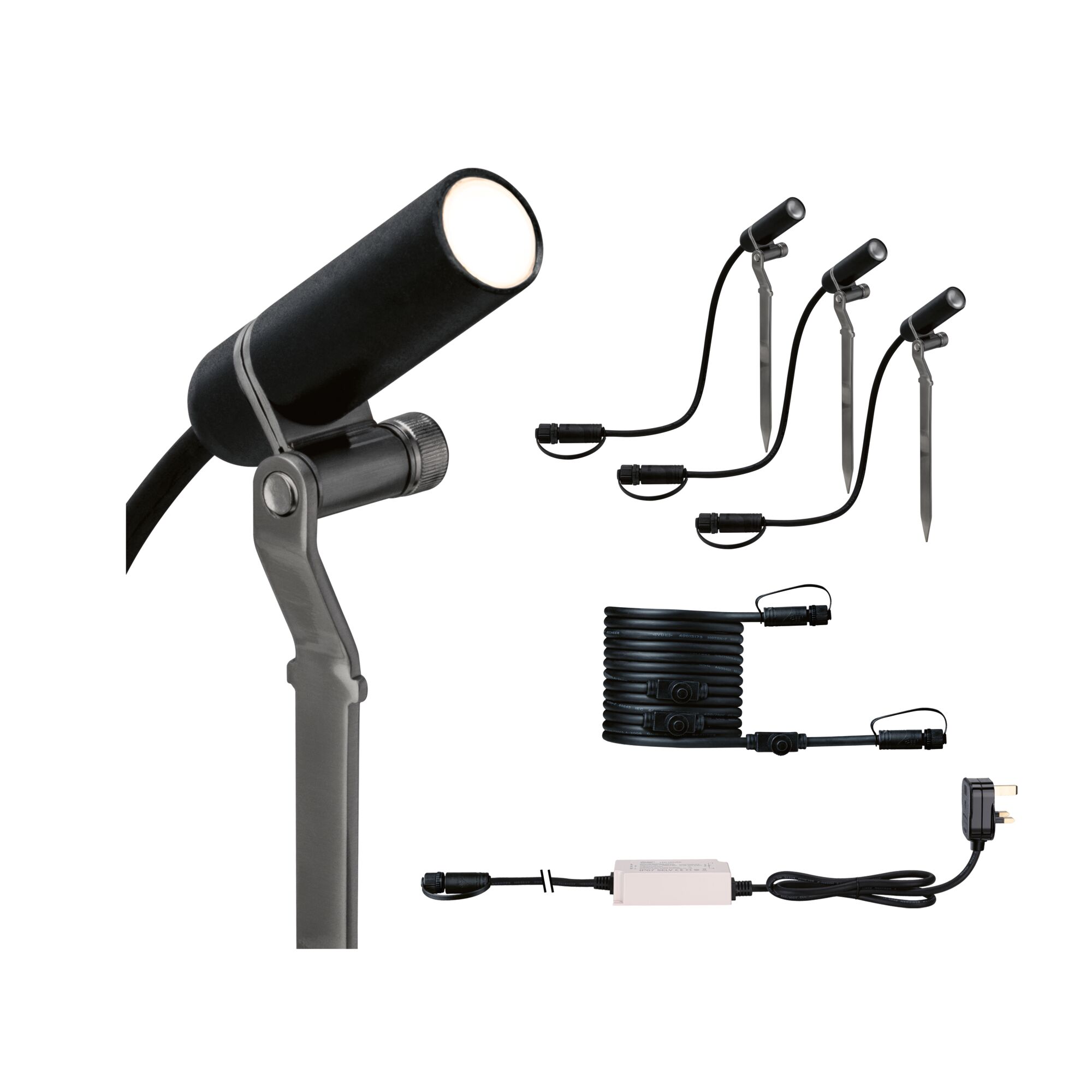 Plug & Shine LED Garden spotlight Plantini IP65 3000K 3x2W 30VA Anthracite Black LED garden spotlight set with ground spikes, cable and power supply for outdoor lighting