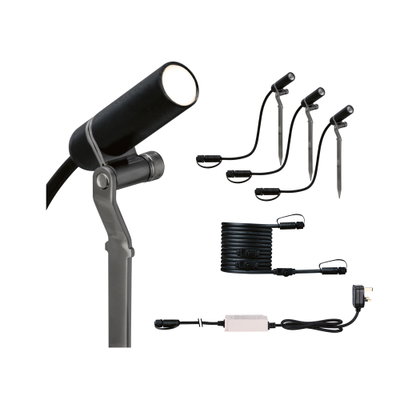 Black LED garden spotlight set with ground spikes, cable and power supply for outdoor lighting