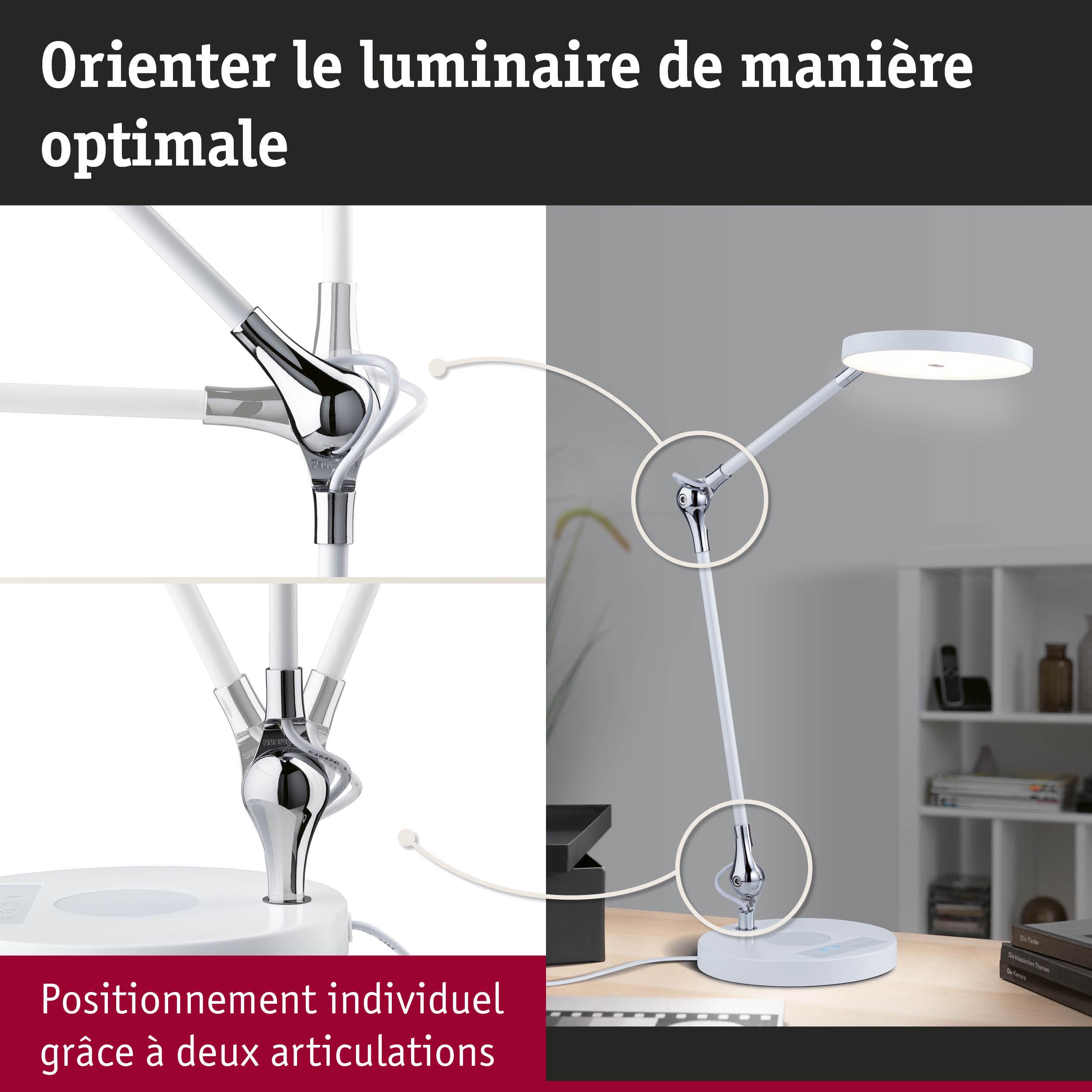 Lampe de bureau LED blanche avec deux articulations réglables et détails chromés pour un éclairage flexible