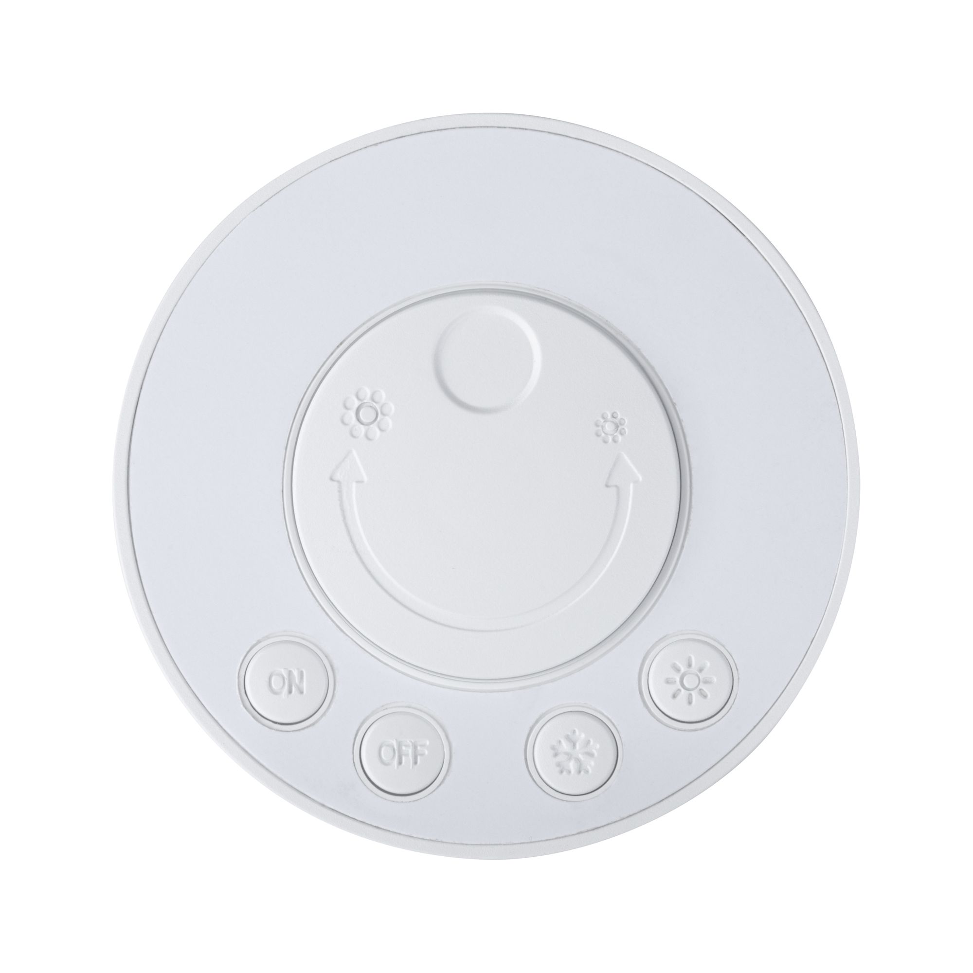 Panneau de commande rond en plastique blanc avec boutons ON/OFF et symboles de contrôle de la lumière