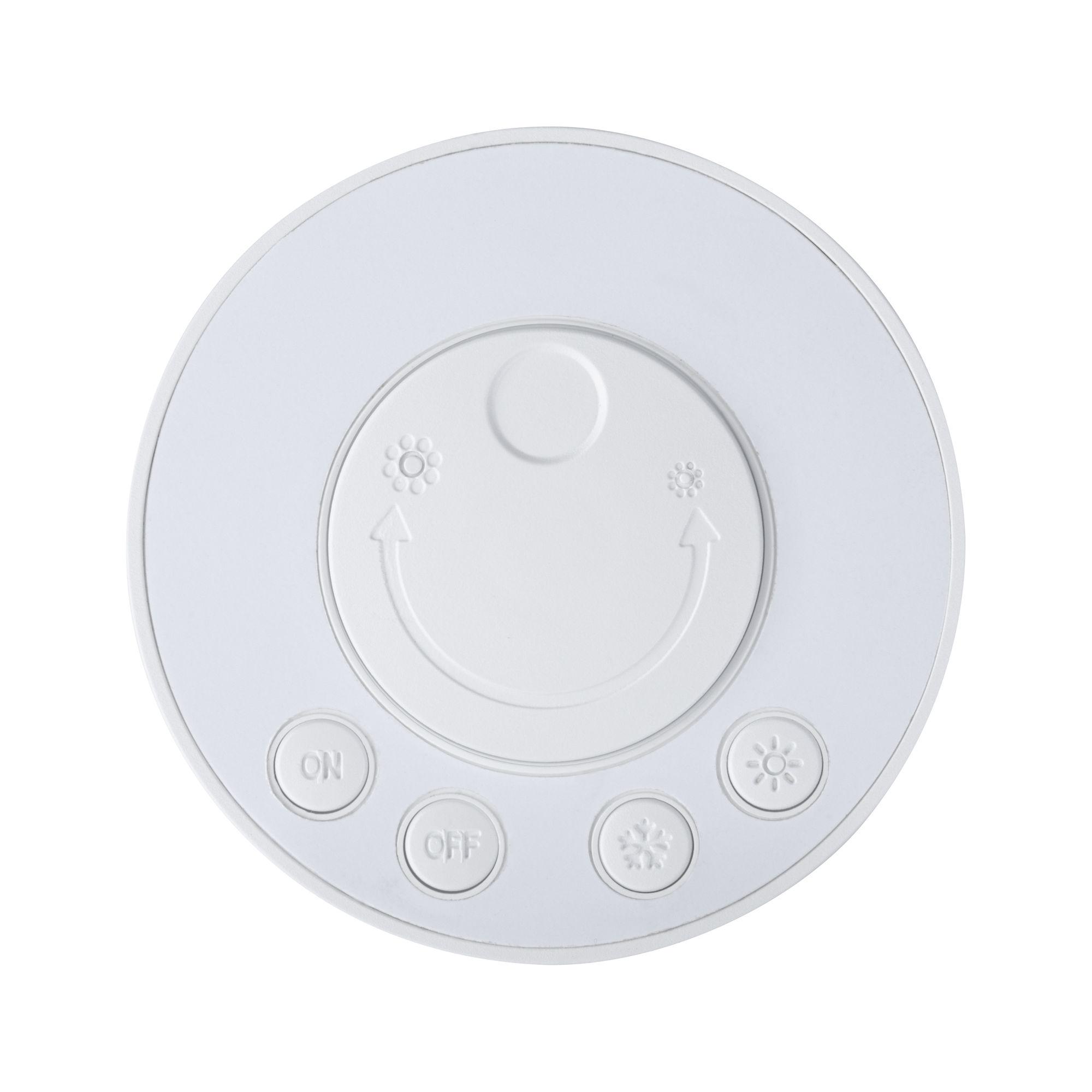 Round white LED dimmer control with on-off buttons and brightness adjustment for light control