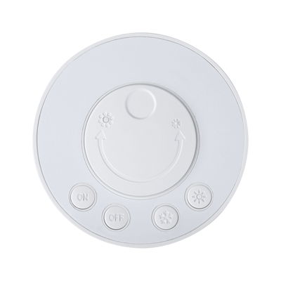 Round white LED dimmer control with on-off buttons and brightness adjustment for light control