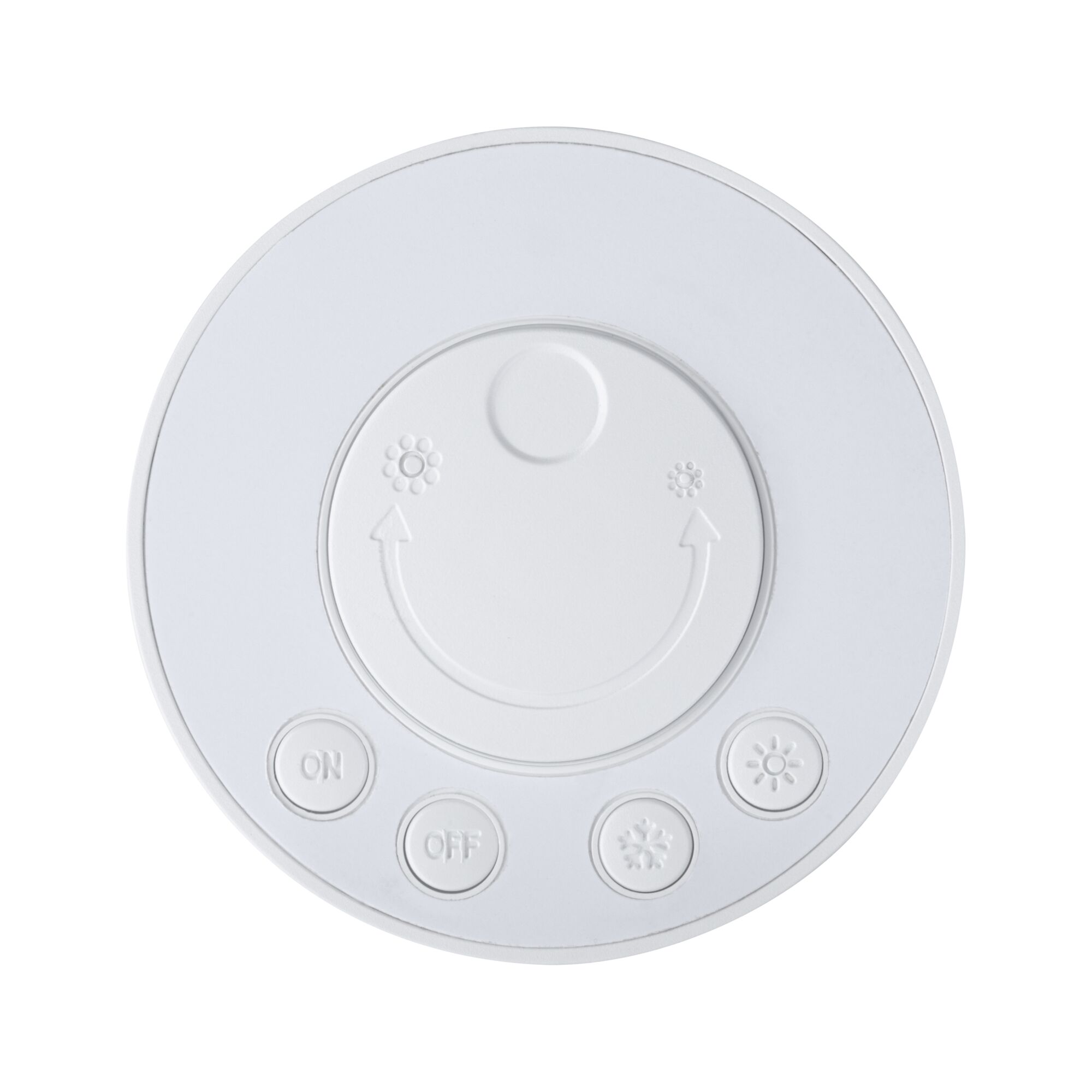 Round white plastic control panel with ON/OFF buttons and light control symbols