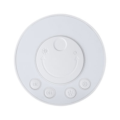 Panneau de commande rond en plastique blanc avec boutons ON/OFF et symboles de contrôle de la lumière