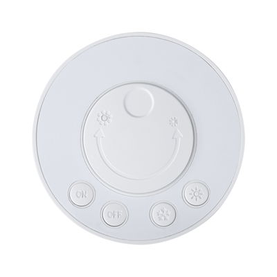 Panneau de commande rond en plastique blanc avec boutons ON/OFF et symboles de contrôle de la lumière