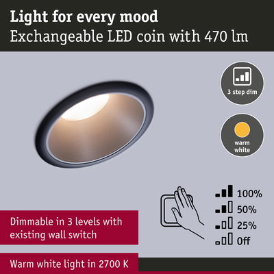 Recessed LED spotlight with warm white 2700K light, dimmable in 3 levels using existing wall switch