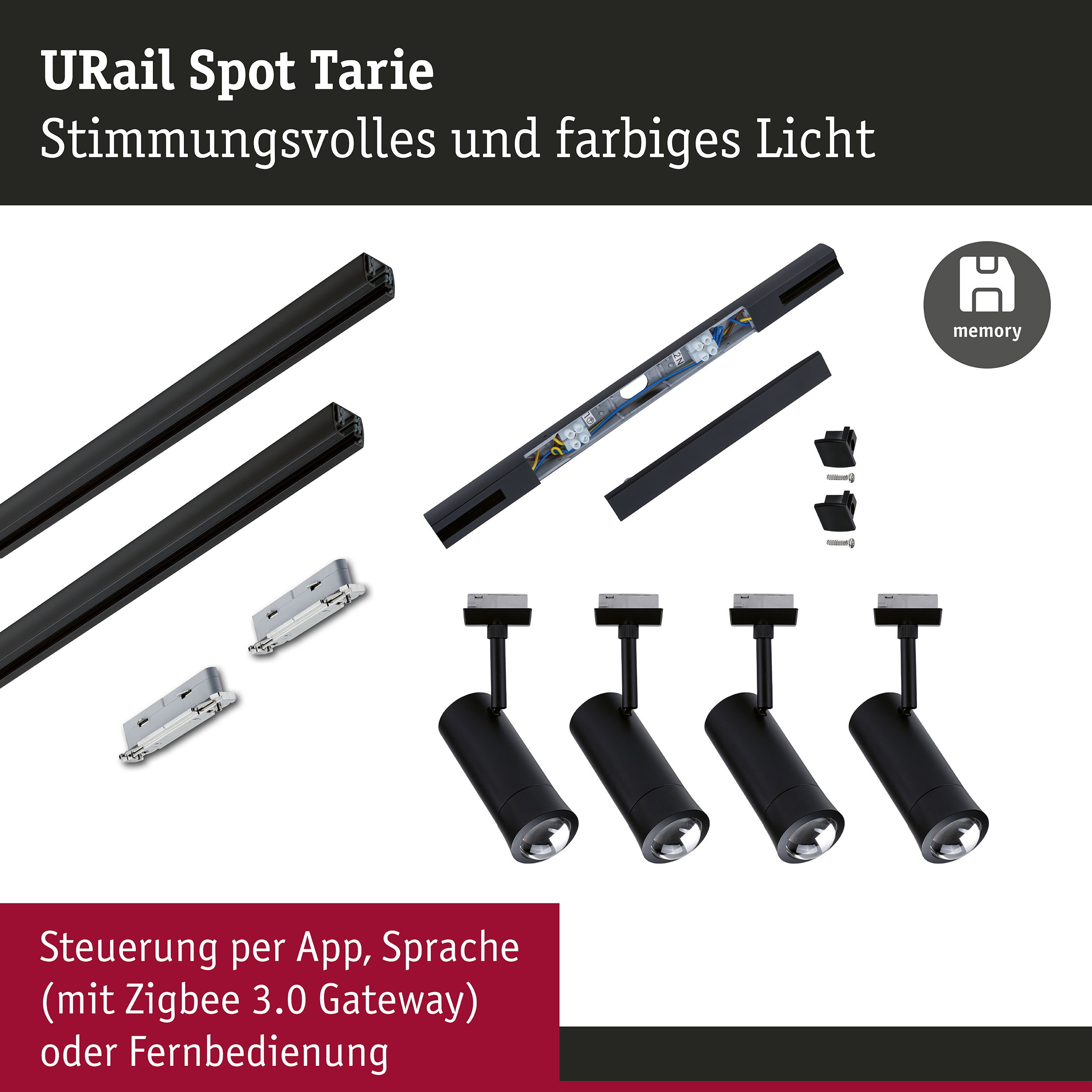 URail Schienenspot Smart Home Zigbee 3.0 Tarie Mitteleinspeisung 4x4,5W 230V Schwarz matt