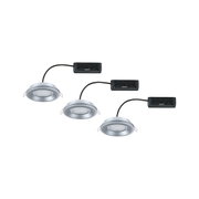 Drei runde Einbau-LED-Leuchten aus silbernem Aluminium mit schwarzem Anschlusskabel für moderne Raumbeleuchtung.