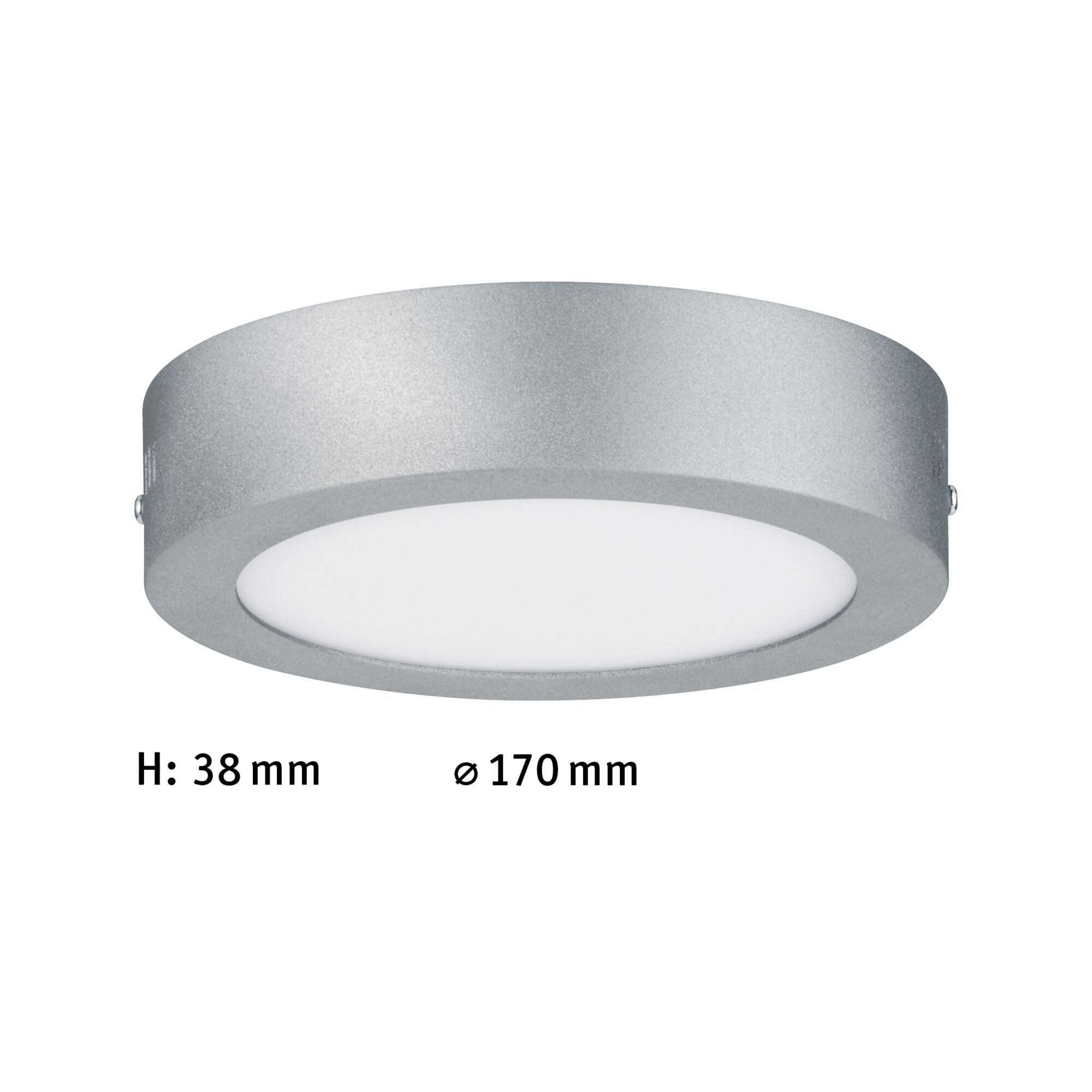 Plafonnier LED rond en métal argenté avec diffuseur blanc, diamètre 170 mm, hauteur 38 mm