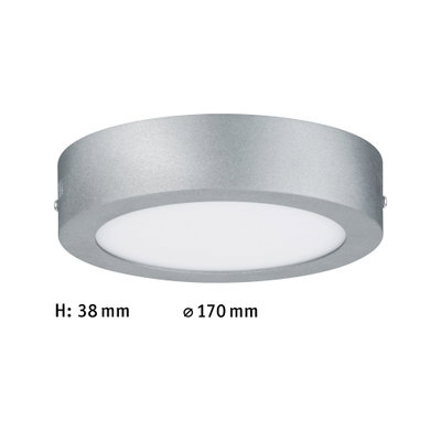 Round LED ceiling light in silver metal with white diffuser, 170 mm diameter, 38 mm height