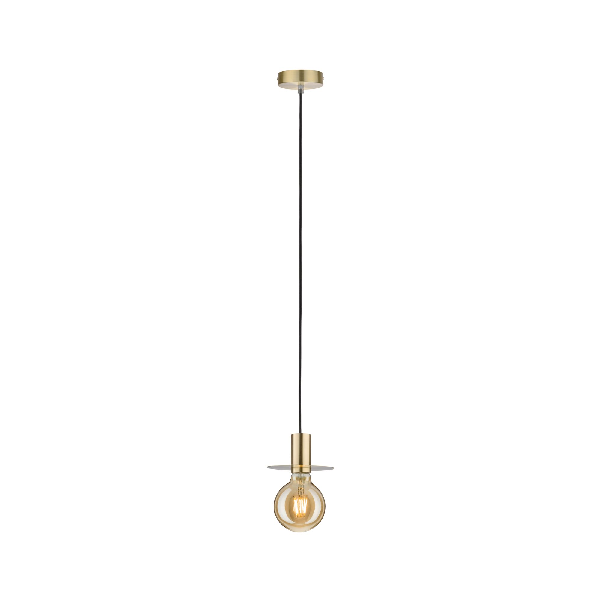 Brass pendant lamp with black cord and visible bulb, ideal for modern interior lighting