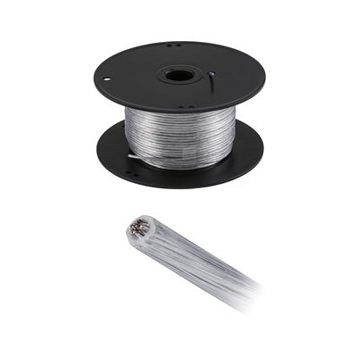 Transparent electrical cable on black spool with copper wires, ideal for lighting and electrical installation