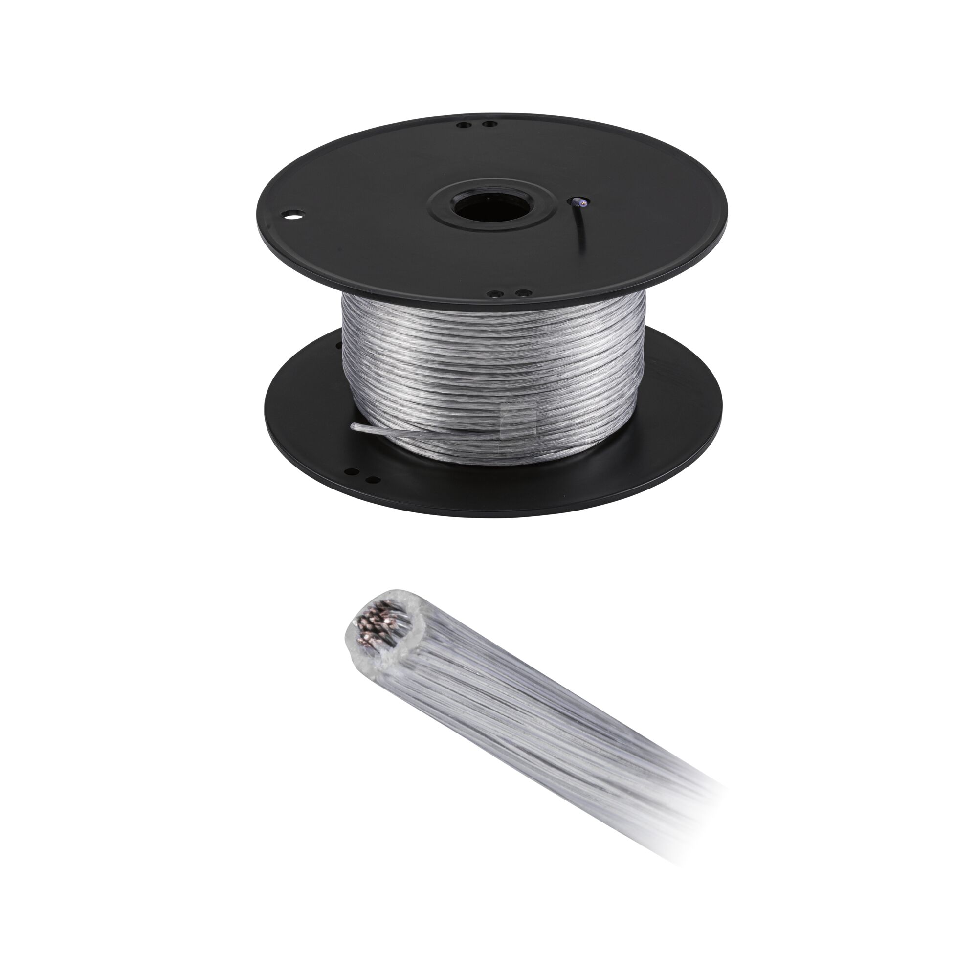 Transparent electrical cable on black spool with copper wires, ideal for lighting and electrical installation