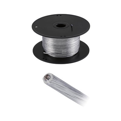 Câble électrique transparent sur bobine noire avec fils de cuivre, adapté pour éclairage et installation