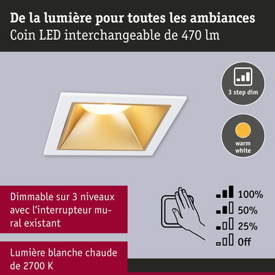 Spot LED encastré blanc avec réflecteur doré et lumière blanc chaud, dimmable en 3 niveaux