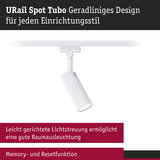 Weißer URail Spot Tubo Strahler mit geradlinigem Design für flexible Raumbeleuchtung und Memoryfunktion