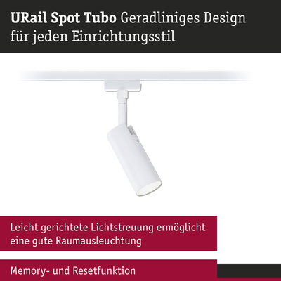 Weißer URail Spot Tubo Strahler mit geradlinigem Design für flexible Raumbeleuchtung und Memoryfunktion