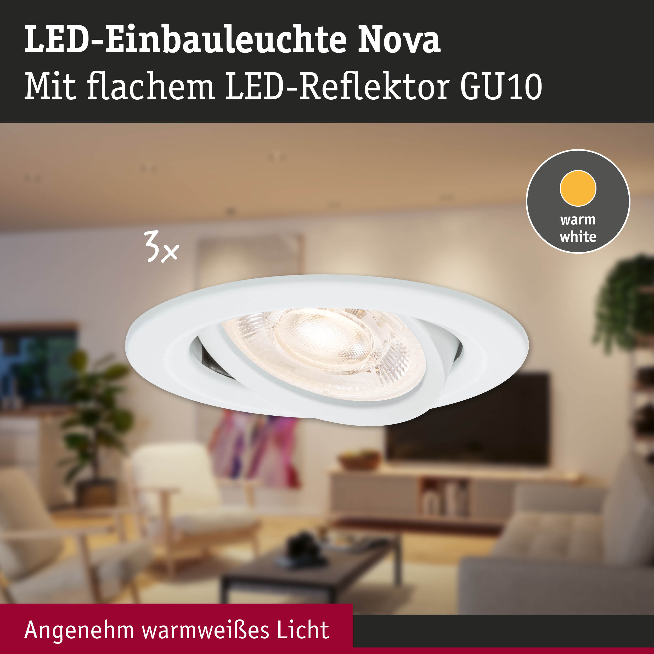 Weiße LED-Einbauleuchte Nova mit flachem LED-Reflektor GU10 und warmweißem Licht für Wohnräume