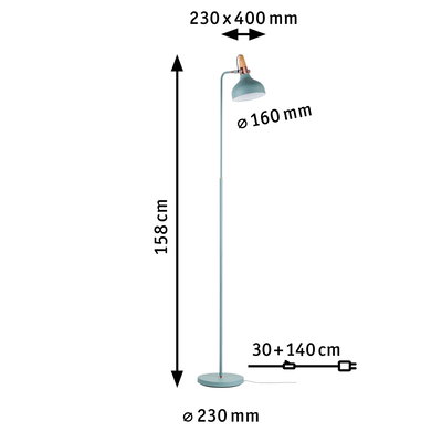 Stehlampe aus Metall in Blaugrün mit Holzdetail, Maße 158 cm hoch, 230 mm Sockel, LED-Stehleuchte