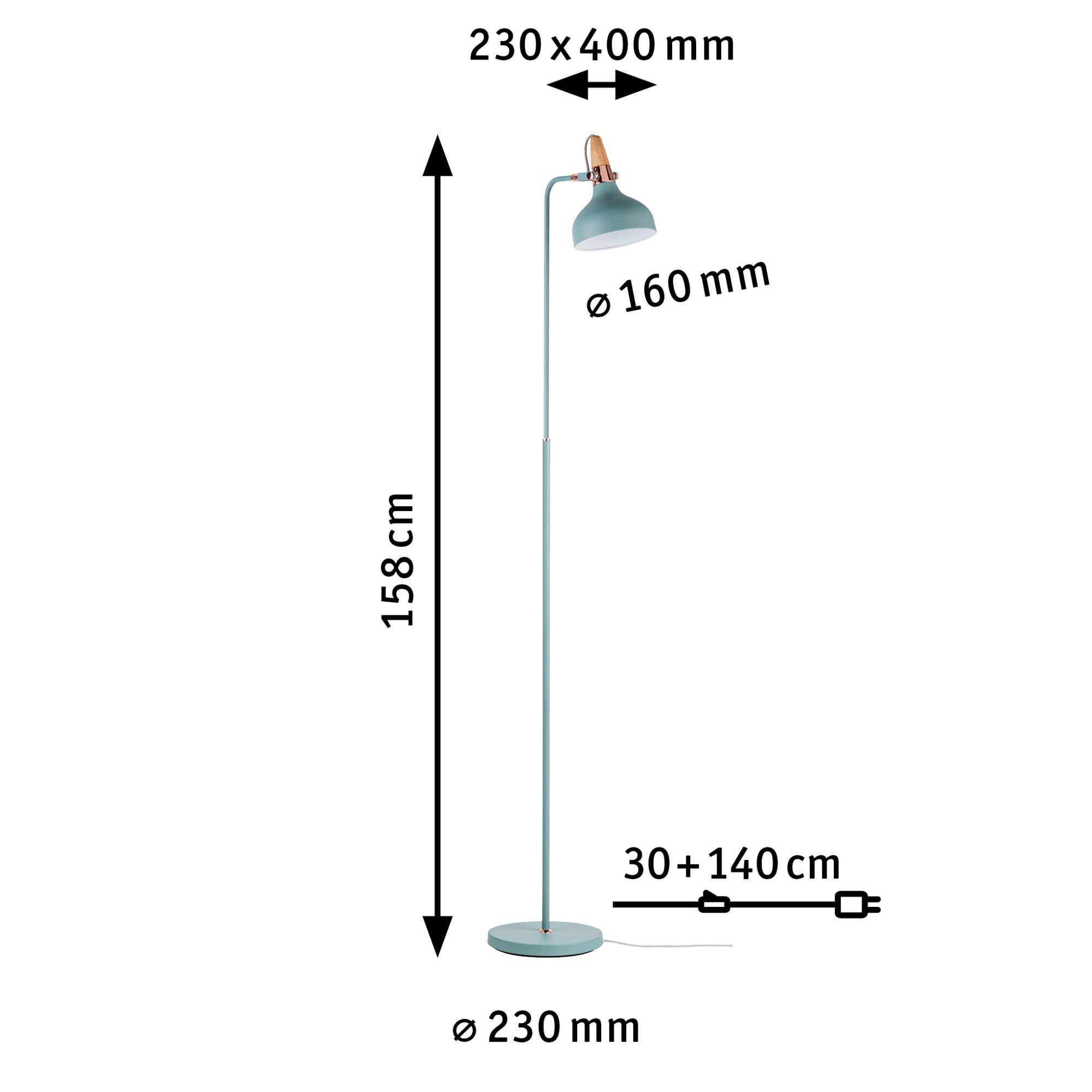 Lampa stojąca z metalu w kolorze niebieskozielonym z drewnianym elementem, wymiary 158 cm wysokości, 230 mm średnicy