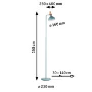 Lampa stojąca z metalu w kolorze niebieskozielonym z drewnianym elementem, wymiary 158 cm wysokości, 230 mm średnicy