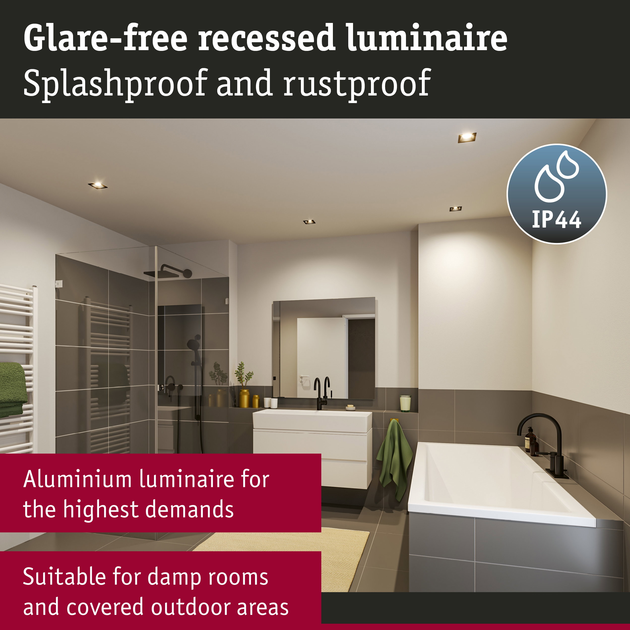 Modern black aluminium recessed luminaire with IP44 rating for bathrooms and outdoor covered areas