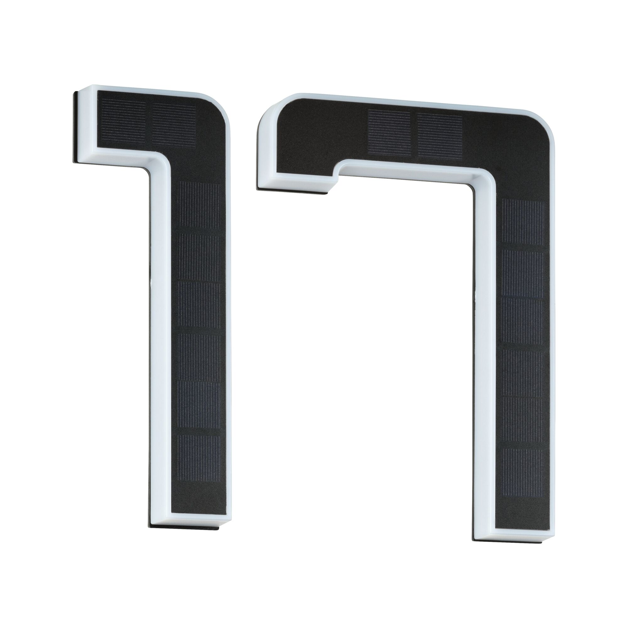 Two white LED wall lights with black solar panels for energy-saving outdoor lighting