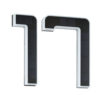 Two white LED wall lights with black solar panels for energy-saving outdoor lighting