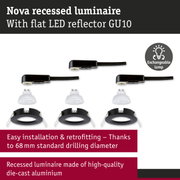Nova recessed luminaire in black die-cast aluminium with flat GU10 LED reflector and exchangeable lamp