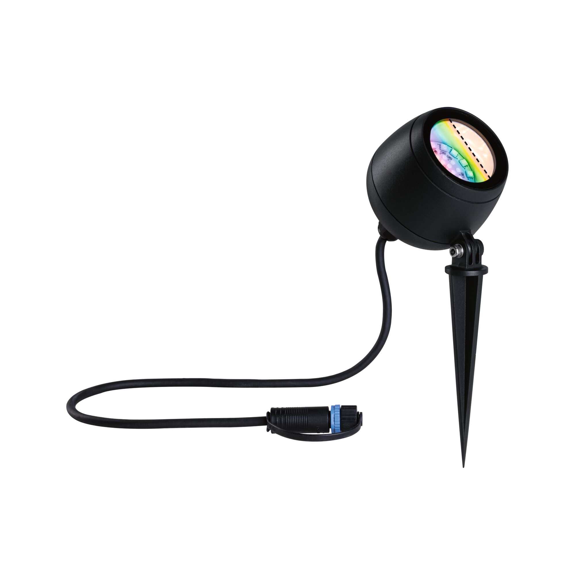Black LED garden spotlight with ground spike and cable for outdoor lighting and landscape illumination