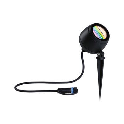 Black LED garden spotlight with ground spike and cable for outdoor lighting and landscape illumination